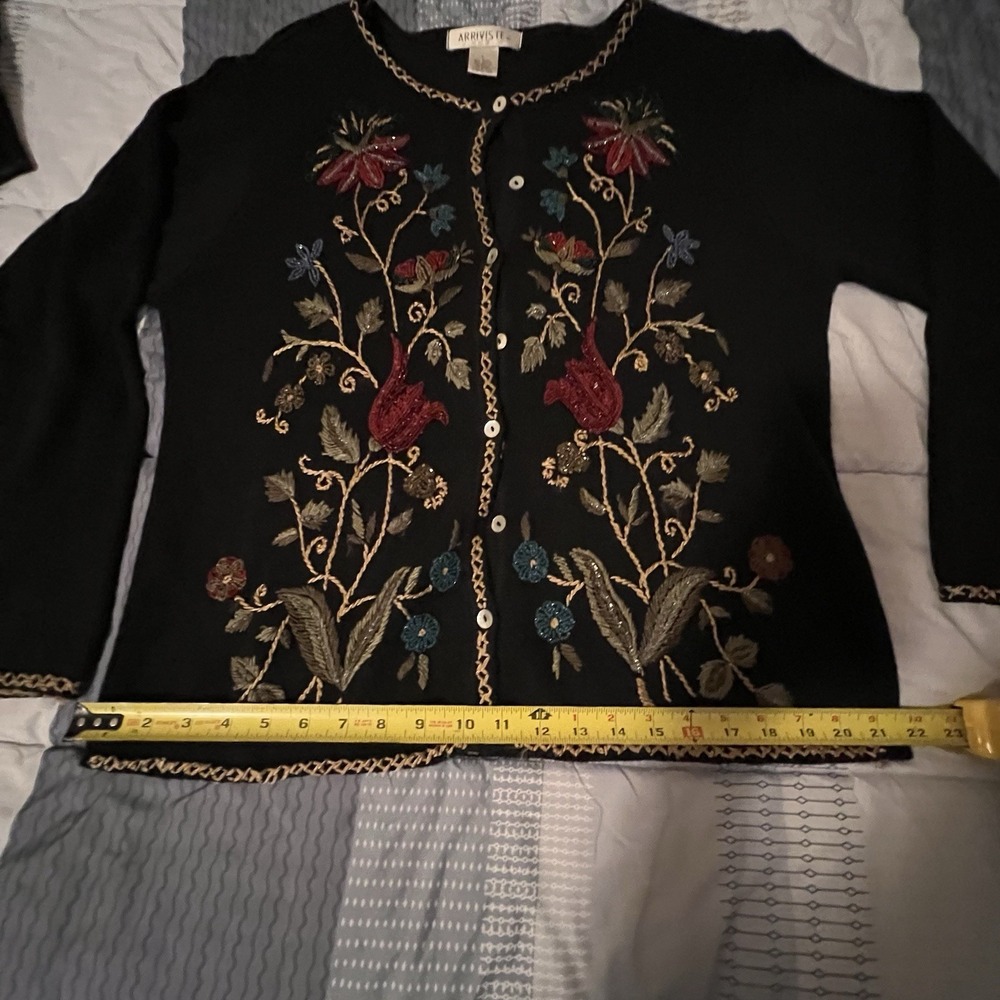 Vintage Arriviste Black Floral Beaded Button Up Cardigan Sweater Cotton Blend L - Picture 14 of 16